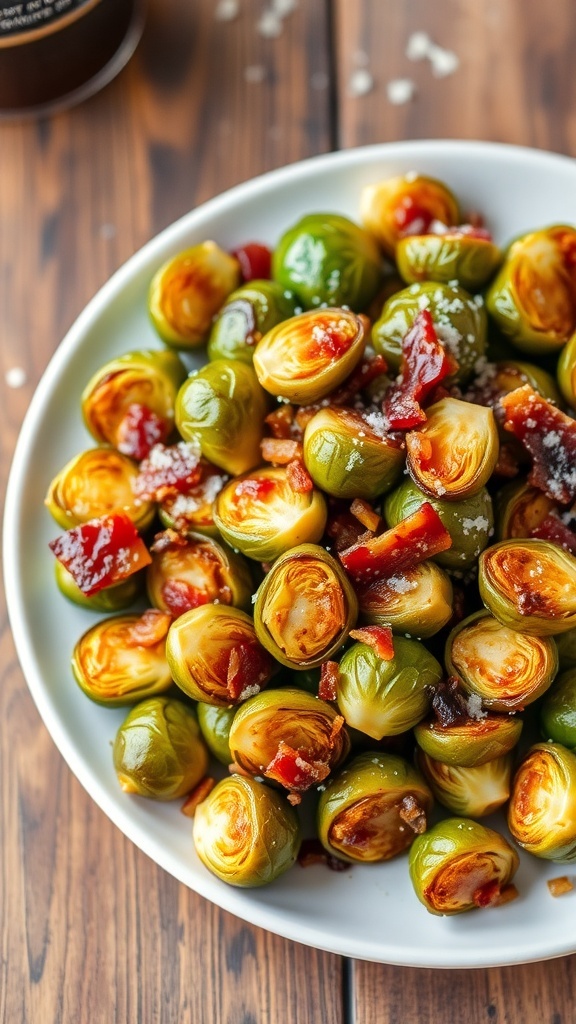 Crispy Air Fryer Brussels Sprouts with Bacon and Balsamic Vinegar Crispy Brussels sprouts with bacon and balsamic vinegar on a plate, garnished with Parmesan cheese.